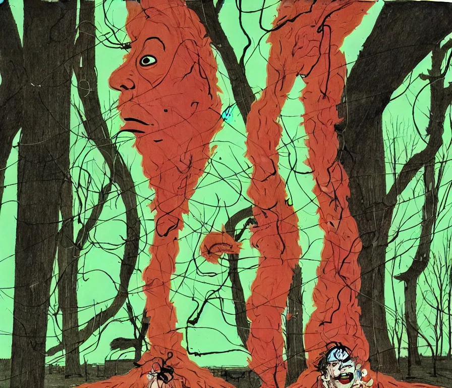 Prompt: todd solondz eating himself to death and becoming a tree | vivid colors : storyboard, realistic. by gabriel hardman, joe alves, j. todd anderson, chris bonura and jenny saville and francis bacon. cinematic atmosphere, detailed and intricate, perfect anatomy