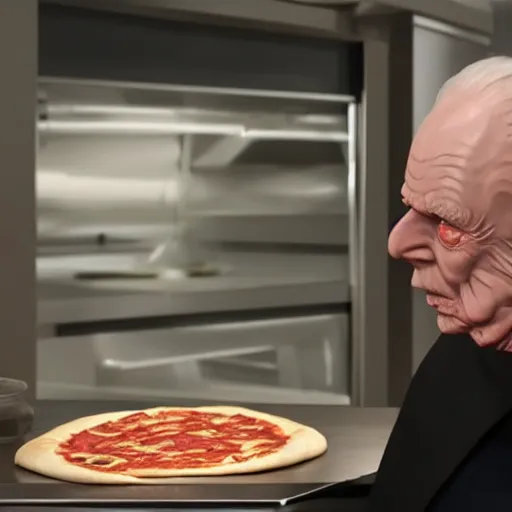 Image similar to A still of Emperor Palpatine making a pizza in Masterchef, 4k, photograph, ultra realistic, highly detailed, professional lighting