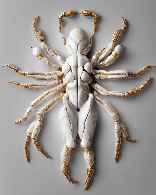 Image similar to symmetry, white marble bas relief sculpture of a white marble crab woman made of white marble crabs and spiders and scorpions, white marble with interacte gold wire inlay, art nuevo, octane, 8 k, hdr, art by hr geiger and ridley scott and alphonse mucha, trending on artstation