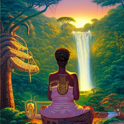 Prompt: an african queen with a golden glow meditating in an african zen garden with a baobab tree at sunset with a waterfall in the distance, by dan mumford and thomas kinkade and thomas blackshear, oil on canvas, highly detailed