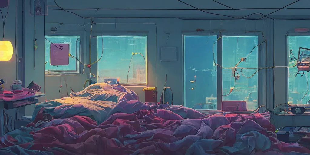 Prompt: cozy 9 0 s bedroom retrofuturism, cluttered, wires everywhere, computer, window, night - time, lit only by the luminescent computer screen, detailed by simon stalenhag