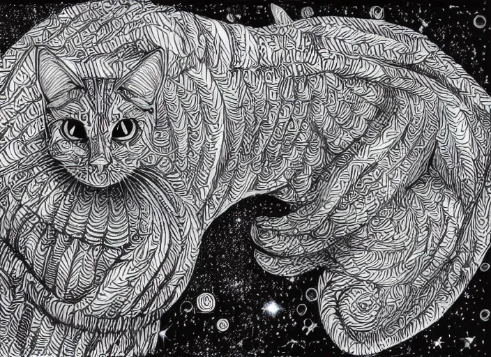 Image similar to coloring book drawing of a cat from a musical sparkly digital space opera, Animated film, volumetric lighting, octane render, directed by wes anderson, Vladimir kush, m.c Escher