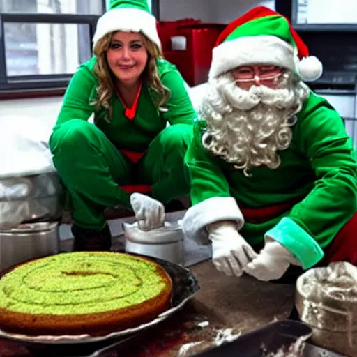 Prompt: Santa's elves cooking weed cakes in arctic secret base