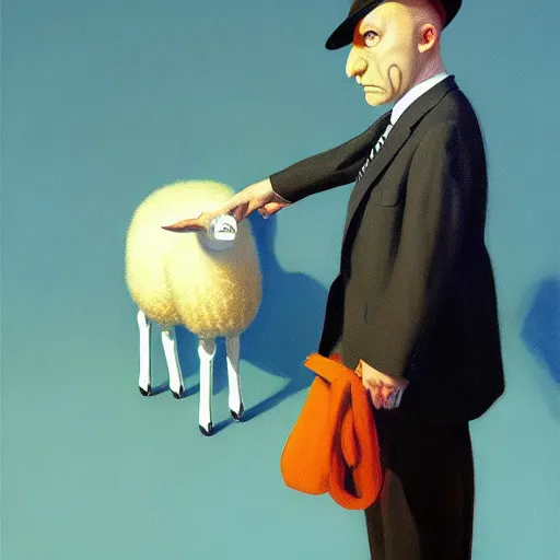 Prompt: Portrait of mr. Sheep wearing a business suit , very coherent, painted by Edward Hopper, Wayne Barlowe, painted by James Gilleard, airbrush, art by JamesJean