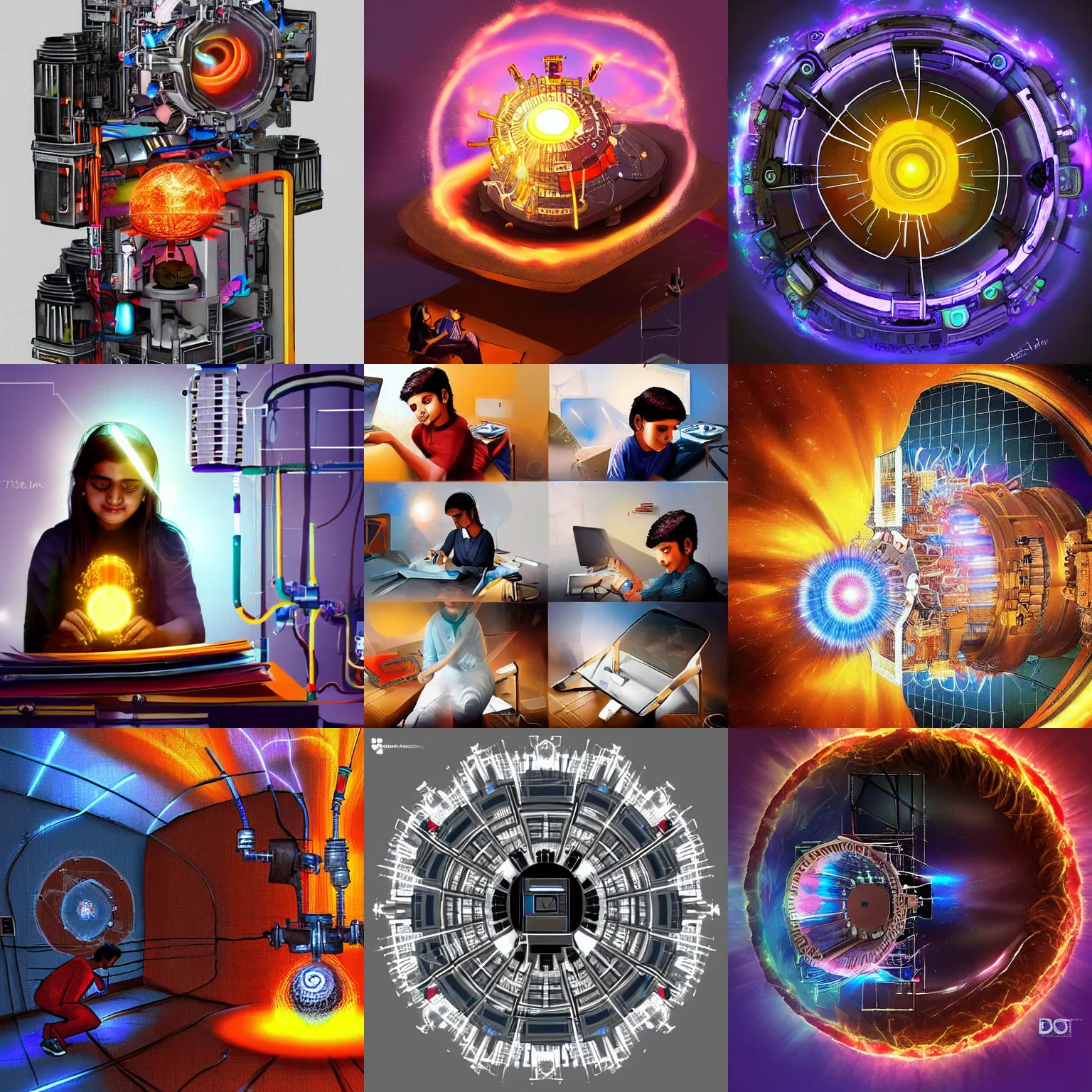 Prompt: Digital art, a young Indian teenager builds a fusion reactor in her bedroom, trending on ArtStation