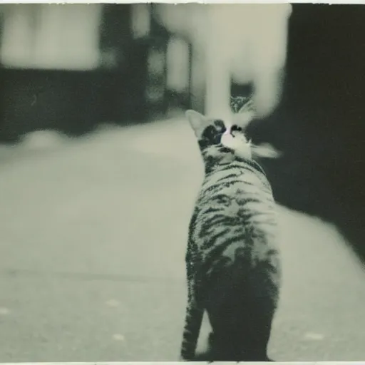 Prompt: wide-shot very low-angle eyesight photo of stray cat and a banana peel at the street in New York, polaroid photo, by Andy Warhol, signed