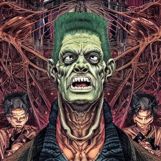 Image similar to portrait of crazy frankenstein, symmetrical, by yoichi hatakenaka, masamune shirow, josan gonzales and dan mumford, ayami kojima, takato yamamoto, barclay shaw, karol bak, yukito kishiro