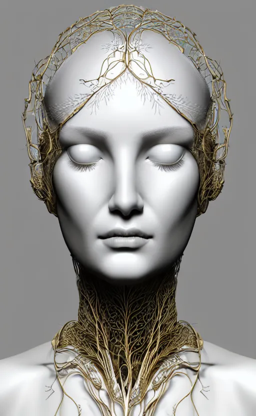 Image similar to complex 3d render of a beautiful porcelain profile woman face, vegetal dragon cyborg, 150 mm, beautiful natural soft light, rim light, silver gold details, magnolia leaves and stems, roots, fine lace, maze like, mandelbot fractal, anatomical, facial muscles, cable wires, microchip, elegant, highly detailed, white metallic armour, octane render, black and white, H.R. Giger style