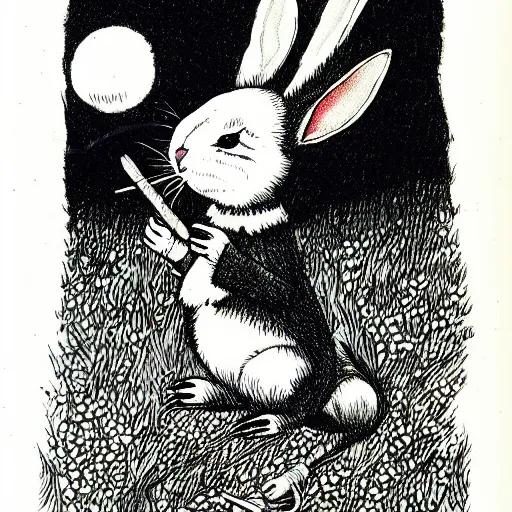 Image similar to a pen and ink drawing of a white rabbit smoking a smokey cigarette while reclining in a deep dark tangled forest, childrens book illustration, by edward gorey, by gustav dore