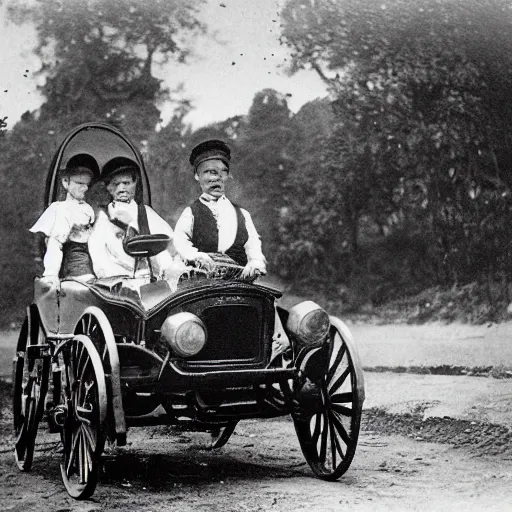 Image similar to dinos driving cars, victorian photo,