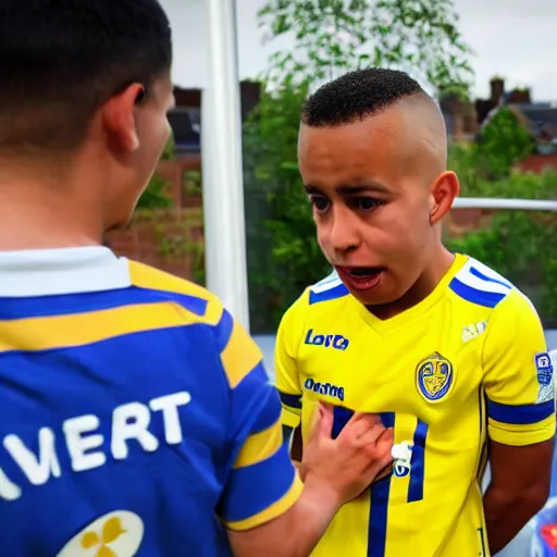 Image similar to small mixed race child being told he isnt good enough to play for leeds. art station,