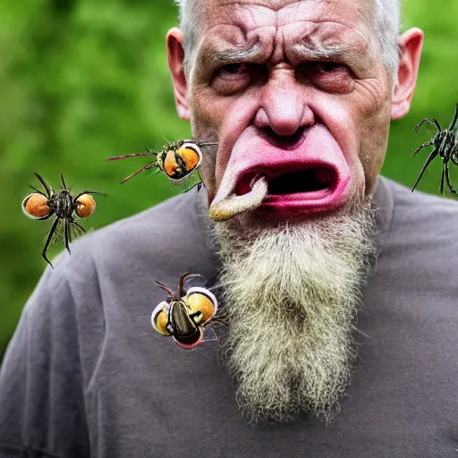 Image similar to National Geographic photo of angry old man with spiders in his mouth