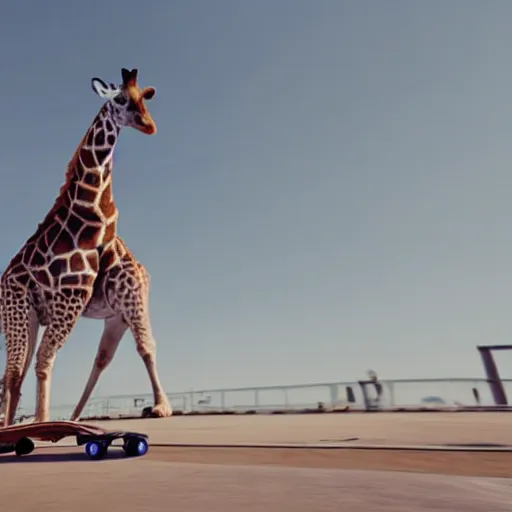 Prompt: a giraffe on a skateboard wearing sunglasses in the air, cinematic shot, professional