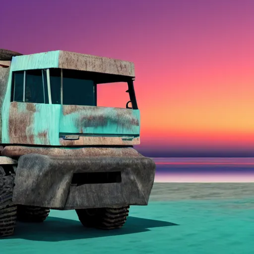 Prompt: a mining dump truck chilling on the beach, sunset, vaporwave