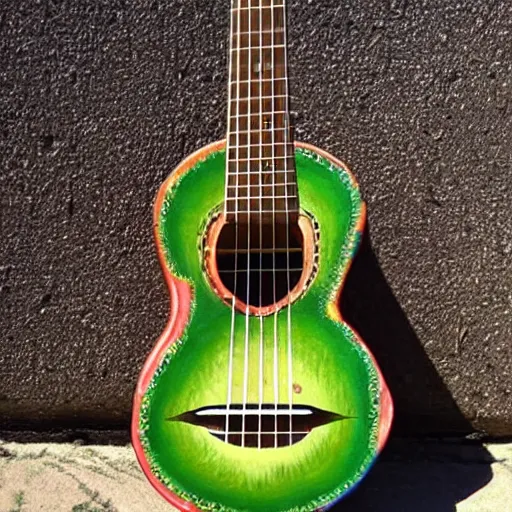 Image similar to avocado ukulele painted by mati klarwein