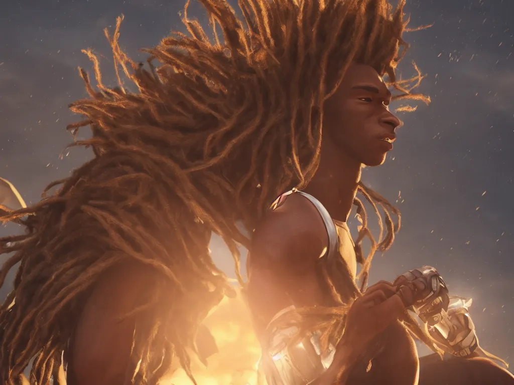 Image similar to portrait, a handsome african american johnny storm wearing brown dreadlocks hair, photorealistic, cinematic, high detail, dramatic lighting, unreal engine, city background, 8 k