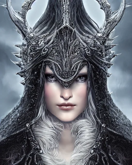 Image similar to highly detailed sharp portrait of a beautiful female hunter with shimmering hair, symmetrical face and eyes, dressed in intricate silver, cgsociety, Elden Ring, Dark Souls, Bloodborne