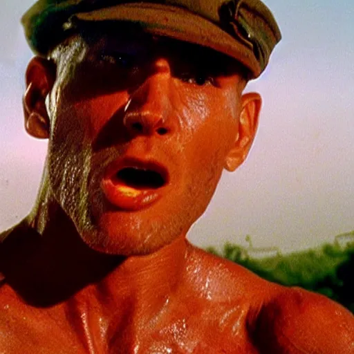 Image similar to Live Action Still of Jerma985 in Apocalypse Now, real life, hyperrealistic, ultra realistic, realistic, highly detailed, epic, HD quality, 8k resolution, body and headshot, film still