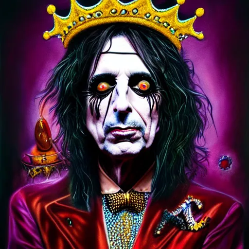 Image similar to An extremely psychedelic portrait of Alice Cooper wearing a crown, surreal, LSD, face, detailed, intricate, elegant, lithe, highly detailed, digital painting, artstation, concept art, smooth, sharp focus, illustration