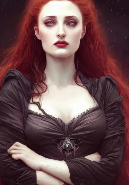 Image similar to sansa angeline jolie gessica chastain victorian vampire demon, intricate, elegant, highly detailed, digital painting, artstation, concept art, smooth, sharp focus, illustration, art by artgerm and greg rutkowski and alphonse mucha and william - adolphe bouguereau