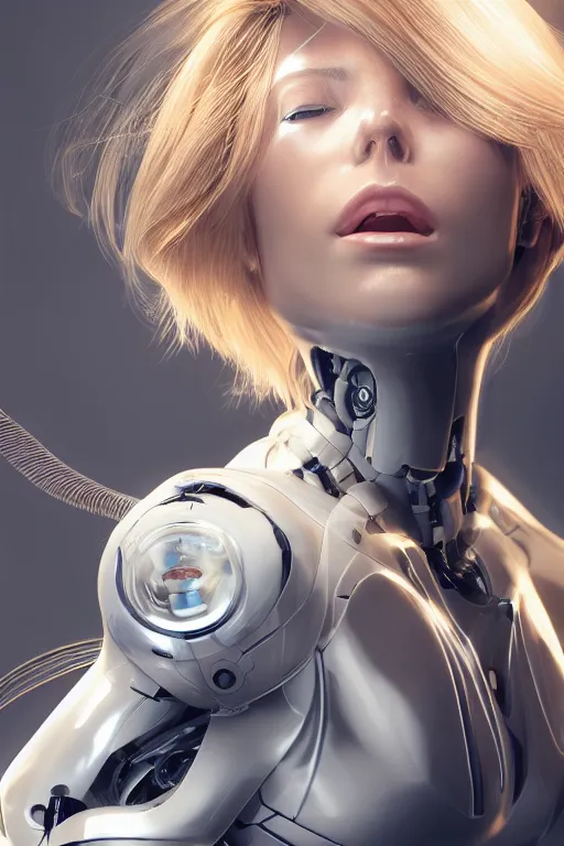 Image similar to a beautiful woman with blonde hair wearing robot suit with wires and light, highly detailed, photorealistic, artstation, smooth