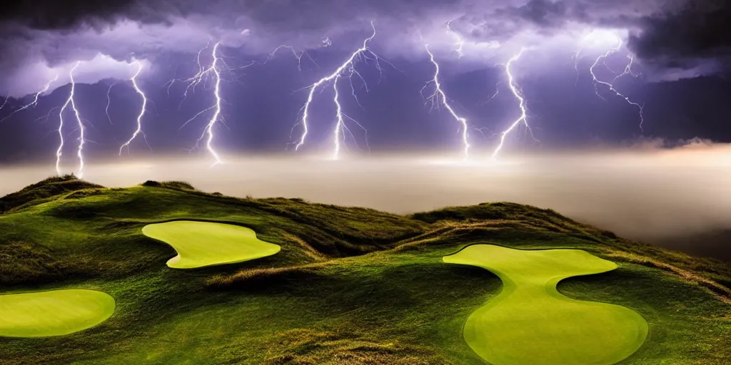 Image similar to a great photograph of the most amazing golf hole in the world, on top of the clouds, lightning storm, ambient light, golf digest, top 1 0 0, fog