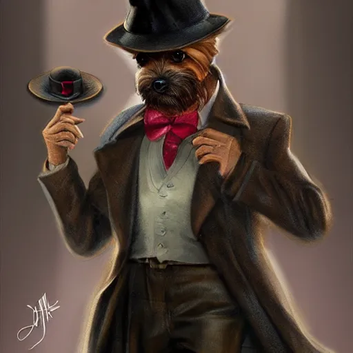 Image similar to yorkie with a fedora and trench coat, matte fantasy painting, artstation deviant art by jason felix