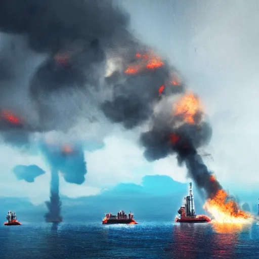 Prompt: big oil tanker on fire, smoke, night, emergency, blue water, cyberpunk, future, helicopters, high detail