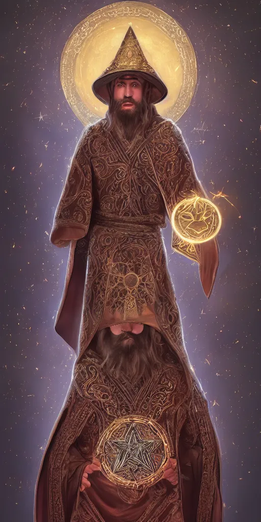 Image similar to adult wizard wearing a byzantine hat and a robe with star and moon pattern, handsome face, focus eyes, hyperrealistic, large star crystals, symmetry, ultra realistic soft painting, full body, fantasy, intricate, elegant, highly detailed, digital painting, artstation, concept art, matte, illustration, 8 k