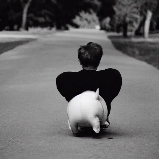 Image similar to illustration of boy riding pig, black and white, cinestill, 800t, 35mm, full-HD