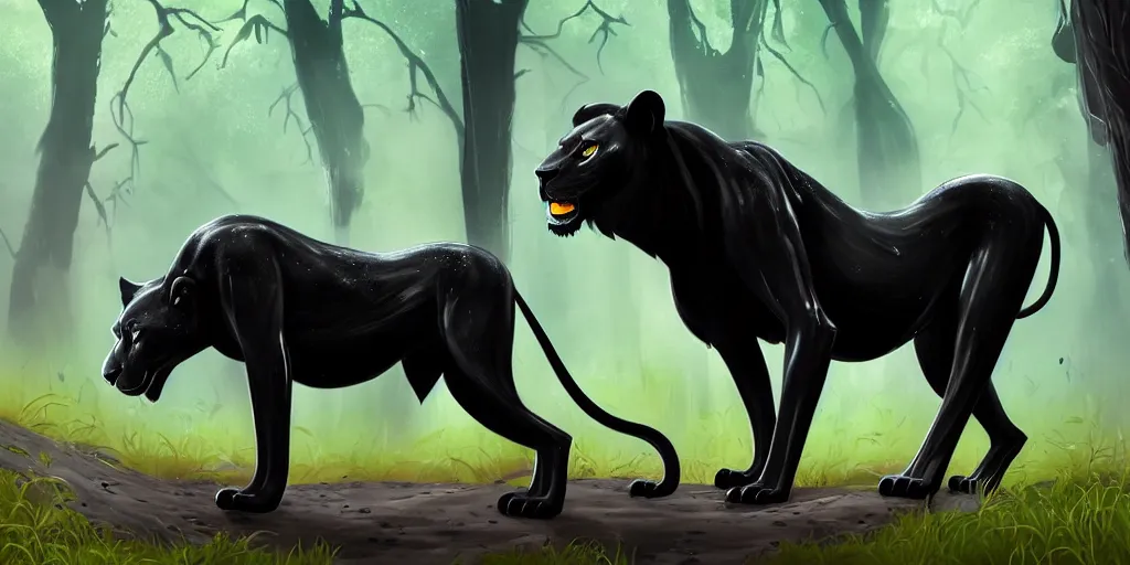 Image similar to a black lioness, made of smooth black goo, prowling through the forest, viscous, sticky, full of tar, covered with black goo. concept art, realism, animal drawing, color, savanna, wildlife photography, black goo, cinematic, in the style of cory loftis