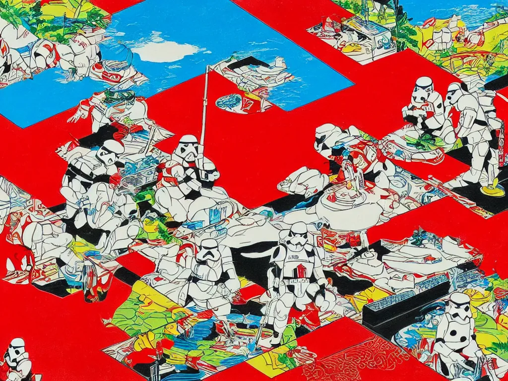 Image similar to close - up image of a japanese red house with a pond, with stormtroopers sitting around it, a combination of pop - art and traditional japanese painting styles, the style of andy warhol, roy lichtenstein and jackie tsai, bright and saturated palette, acrylic on canvas