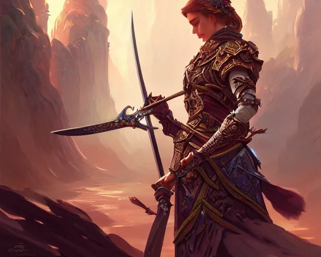 Image similar to sword sword sword sword epic, deep focus, d & d, fantasy, intricate, elegant, highly detailed, digital painting, artstation, concept art, matte, sharp focus, illustration, hearthstone, art by artgerm and greg rutkowski and alphonse mucha