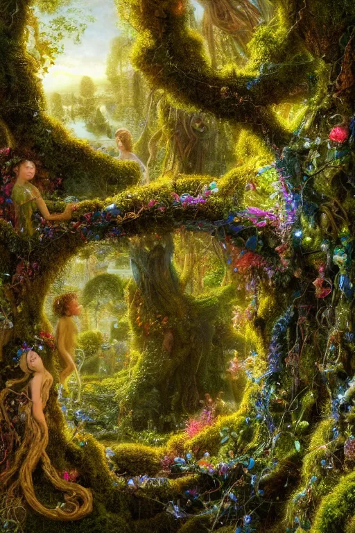 Image similar to a beautiful and highly detailed digital painting of a portal to fairyland, iridescent crystals, moss, multicoloured vines, tangled, the secret garden. intricate details, epic scale, hyperdetailed, hyperrealism,, artstation, cgsociety, 8 k, sharp focus, by caspar friedrich, albert bierstadt, james gurney, brian froud,