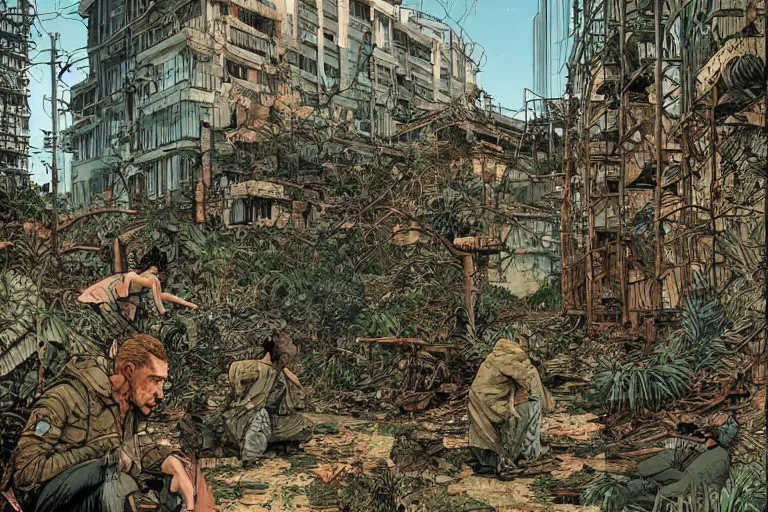 Prompt: on the street of abandoned town 2 people huddled together with spiny giant plants bursting through them, surreal, very coherent, intricate design, painting by Laurie Greasley, part by Yoji Shinkawa, part by Norman Rockwell