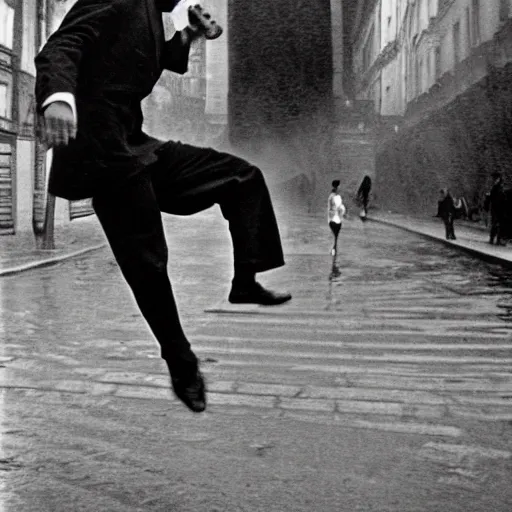 Image similar to the man leaping with umbrella, by henri cartier bresson,