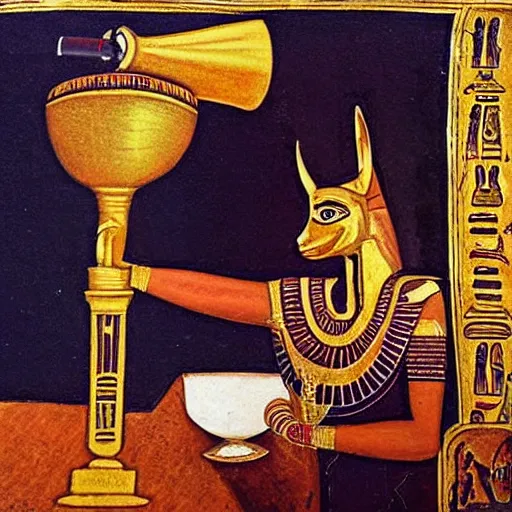 Prompt: The Egyptian god Anubis holding a golden chalice filled with red wine, oil painting, old