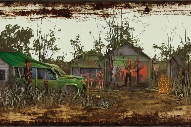 Image similar to scene from louisiana swamps, portrait, voodoo cult, old protestant church with neon satanic pentagram, junkyard by the road, boy scout troop, voodoo artwork by tim eitel