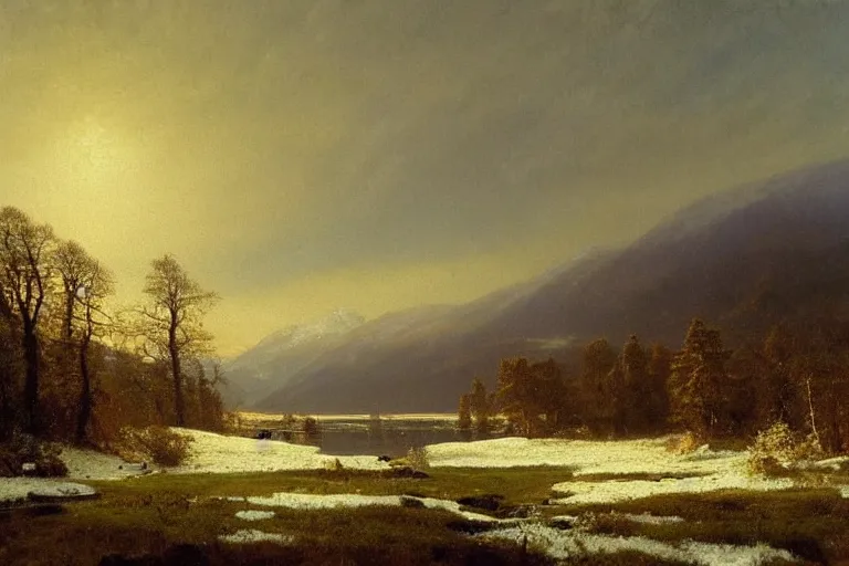 Image similar to a beautiful oil painting of a Scottish Highland winter landscape, evening light, by Albert Bierstadt, beautiful light, detailed, dramatic