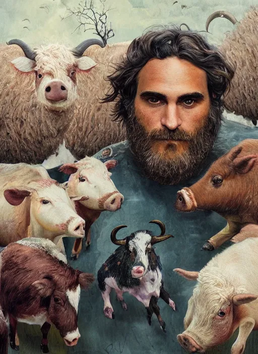 Image similar to a hyper detailed painting of joaquin phoenix surrounded by animals, cow, pig, sheep, chicken, horror, by anna podedworna, by miklos ligeti, by diego maricato, by taran fiddler, by antonino truisi, by chris reddie, by jinsung lim, trending on artstation