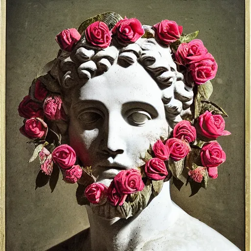 Prompt: portrait of a greek statue covered in roses, by julia pott