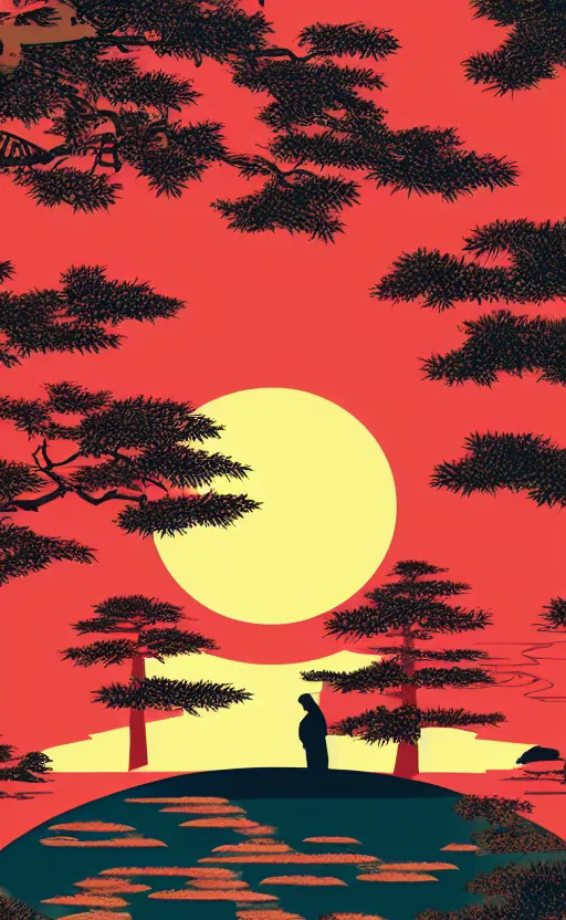 Image similar to hanafuda, huge japanese gru standing at a lake in the middle of japanese pines, a big red sun in the background, front game card, vector line art, trending on artstation, concept art, stunning, matte