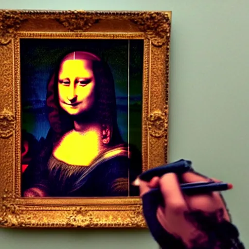 Image similar to drunk monkey drawing on mona lisa with crayons in the louvre, [ photoreal ]