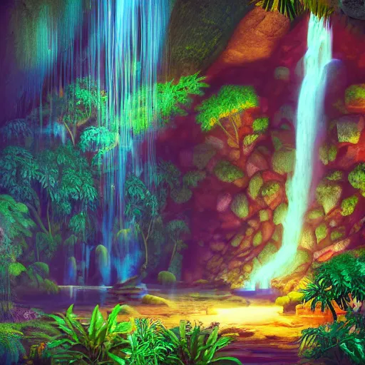 Prompt: ancient temple, plants and waterfalls in the interior of a cave,digital art, retrowave art,trending on art station