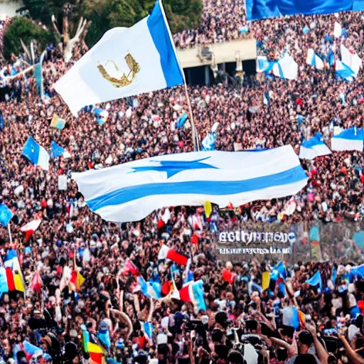 Image similar to Lady Gaga as president, Argentina presidential rally, Argentine flags behind, bokeh, giving a speech, detailed face, Argentina