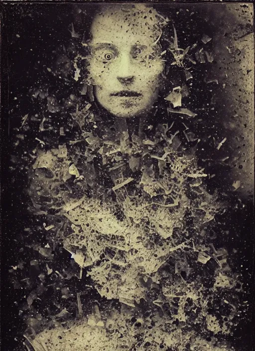 Image similar to old wetplate daguerreotype portrait explosion of data fragments, fractal, intricate, elegant, highly detailed, parallax, leica, medium format, subsurface scattering, by jheronimus bosch and greg rutkowski and louis jacques mande daguerre