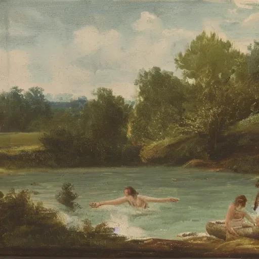 Prompt: landscape of river with two girls splashing on it in the background,