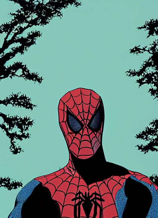 Image similar to poster artwork by Michael Whelan and Tomer Hanuka, John Romita Jr of Spiderman as a failed husband, from scene from Twin Peaks, clean, simple illustration, nostalgic, domestic, full of details