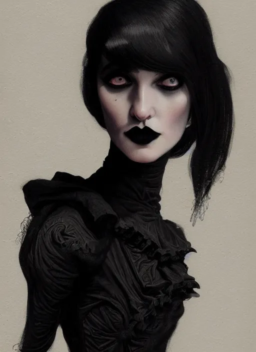 Image similar to portrait of a strange woman with a crooked nose and a confident expression, 1 9 6 0 s, black clothes, goth, punk, funk, intricate, elegant, highly detailed, digital painting, artstation, concept art, smooth, sharp focus, illustration, art by wlop, mars ravelo and greg rutkowski