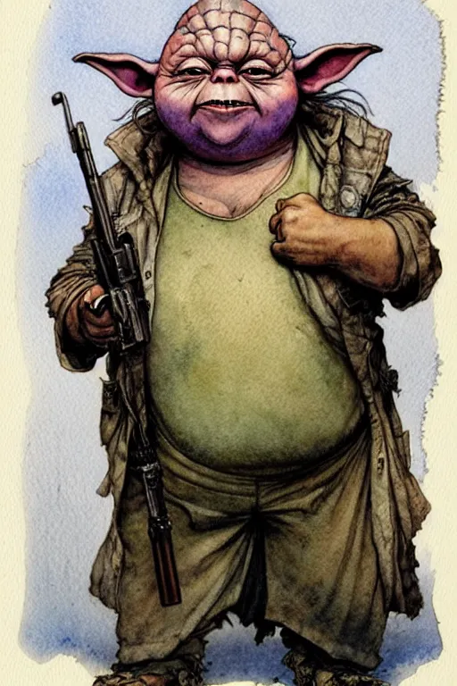Image similar to a realistic and atmospheric watercolour fantasy character concept art portrait of a fat sleazy homeless chibi yoda wearing a wife beater and holding a handgun, by rebecca guay, michael kaluta, charles vess and jean moebius giraud